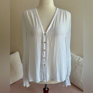 NWT Ramy Brook Peasant Boho Blouse Top White Embroidered Long Sleeve Sheer Sz L.